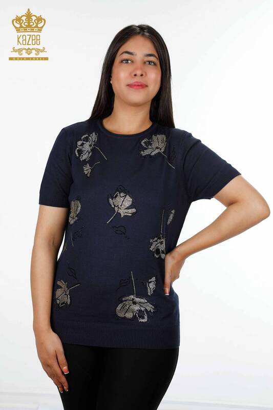 فروش عمده لباس بافتنی زنانه - طرح رز - آستین کوتاه - سنگ دوزی - 16908 | KAZEE