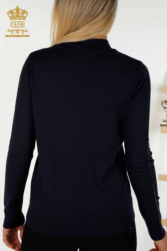 فروش عمده ژاکت بافتنی زنانه - طرح رز - آبی سرمه ای - 30448 | KAZEE