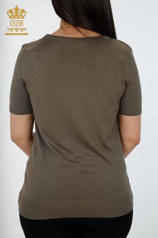 فروش عمده ژاکت بافتنی زنانه لوگو یقه خدمه آستین کوتاه - 15943 | KAZEE