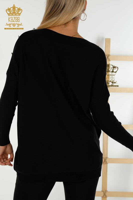 فروش عمده ژاکت بافتنی زنانه - با جزئیات شانه - مشکی - 30192 | KAZEE