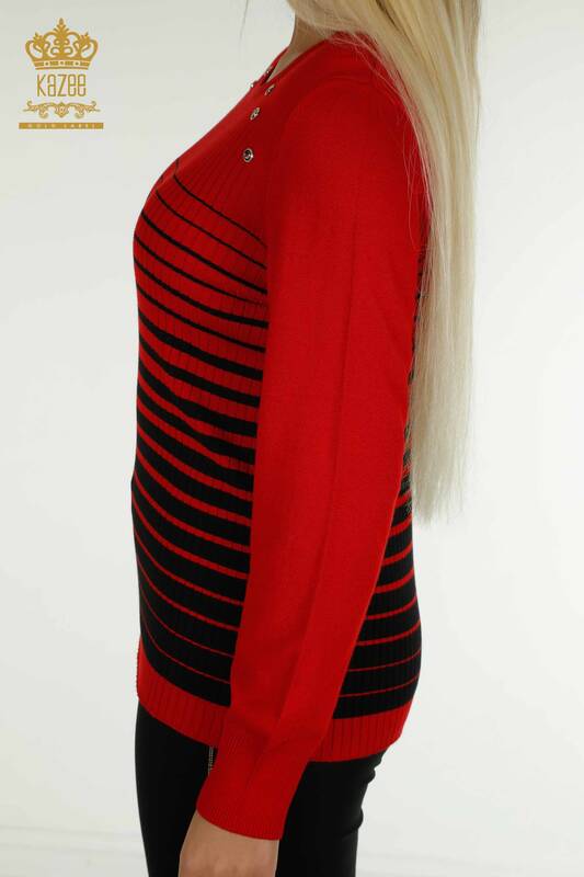 فروش عمده ژاکت بافتنی زنانه - با جزئیات شانه - قرمز-مشکی - 30079 | KAZEE
