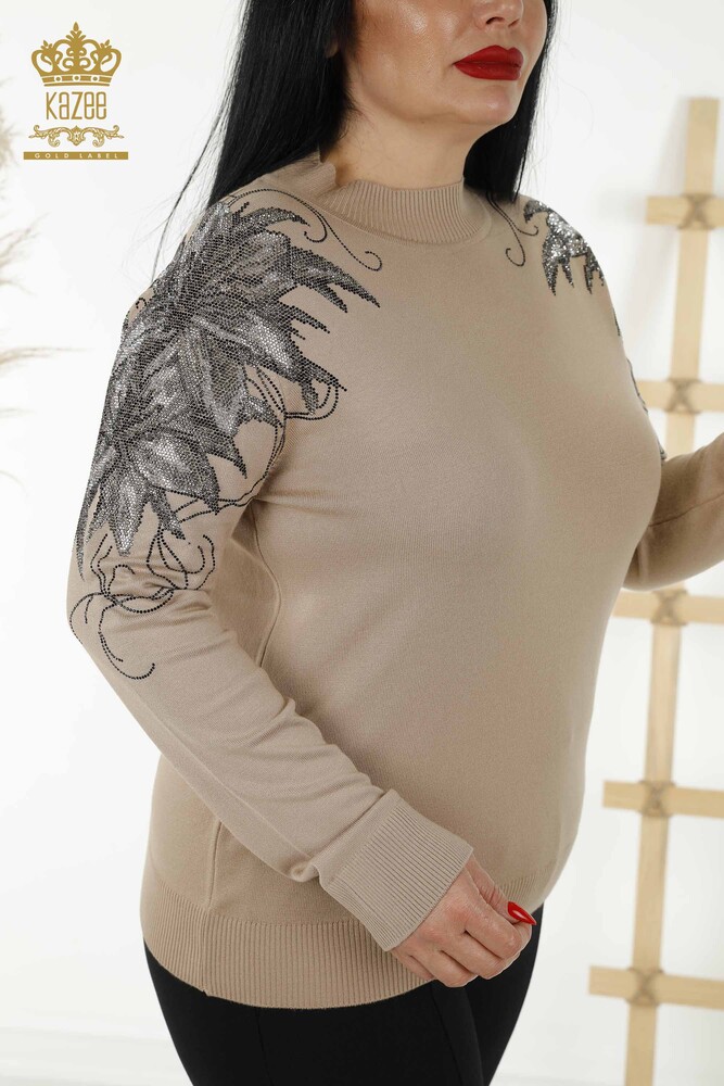 فروش عمده ژاکت بافتنی زنانه - شانه - ریزه کاری گل - بژ - 16597 | KAZEE - 2