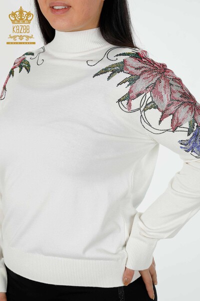 فروش عمده ژاکت بافتنی زنانه ژاکت با جزئیات گلدار Ecru - 30007 | KAZEE - Thumbnail