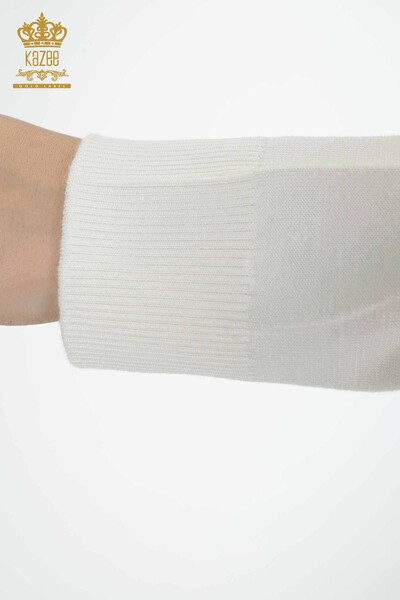 فروش عمده ژاکت بافتنی زنانه ژاکت با جزئیات گلدار Ecru - 30007 | KAZEE - 6