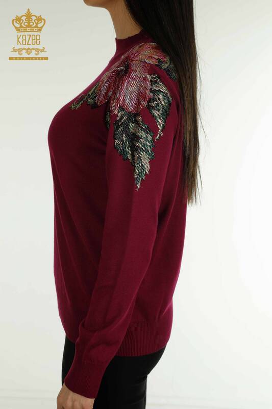 فروش عمده ژاکت بافتنی زنانه - شانه - با جزئیات گل - یاسی - 30542 | KAZEE