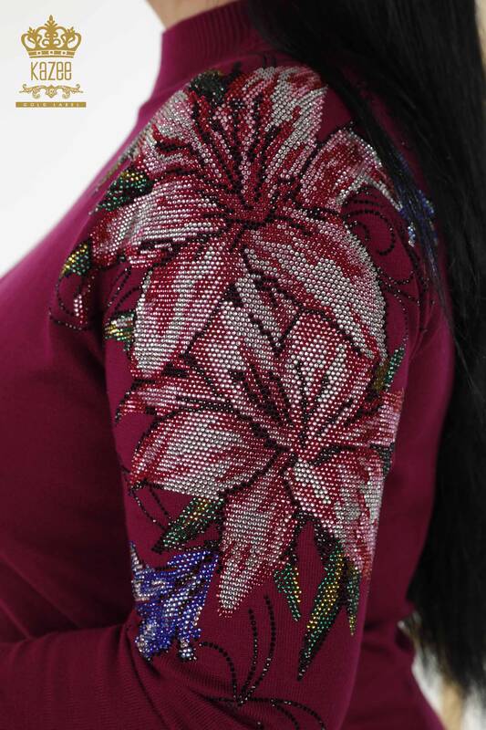 فروش عمده ژاکت بافتنی زنانه - شانه - با جزئیات گل - بنفش - 30007 | KAZEE