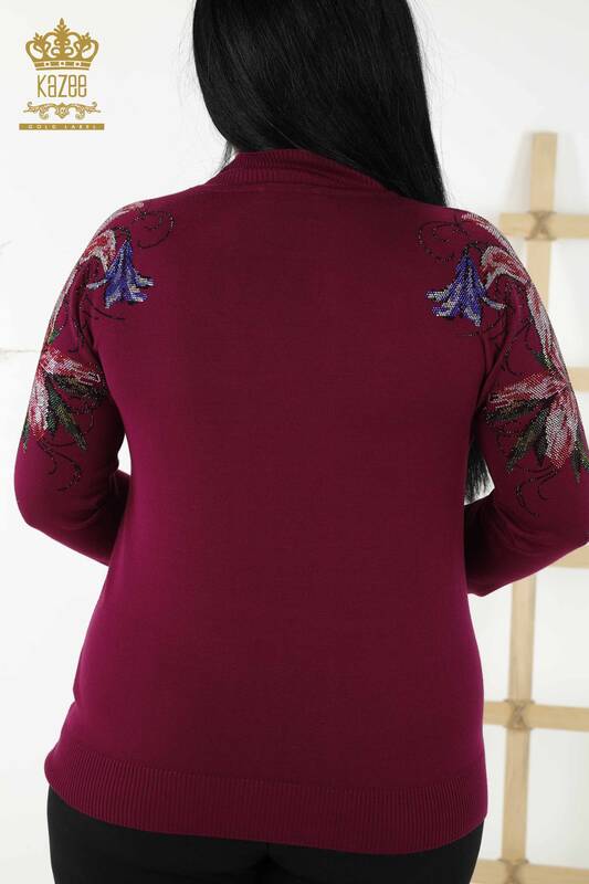 فروش عمده ژاکت بافتنی زنانه - شانه - با جزئیات گل - بنفش - 30007 | KAZEE