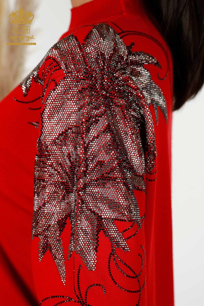 عمده فروشی ژاکت بافتنی زنانه شانه قرمز با جزییات گل - 16597 / کازی - 5