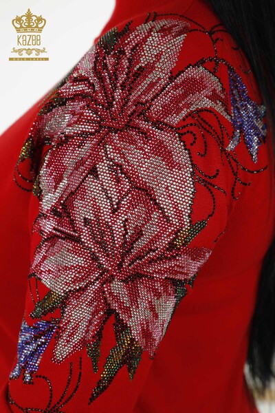 فروش عمده ژاکت بافتنی زنانه - شانه - با جزئیات گل - قرمز - 30007 | KAZEE - Thumbnail
