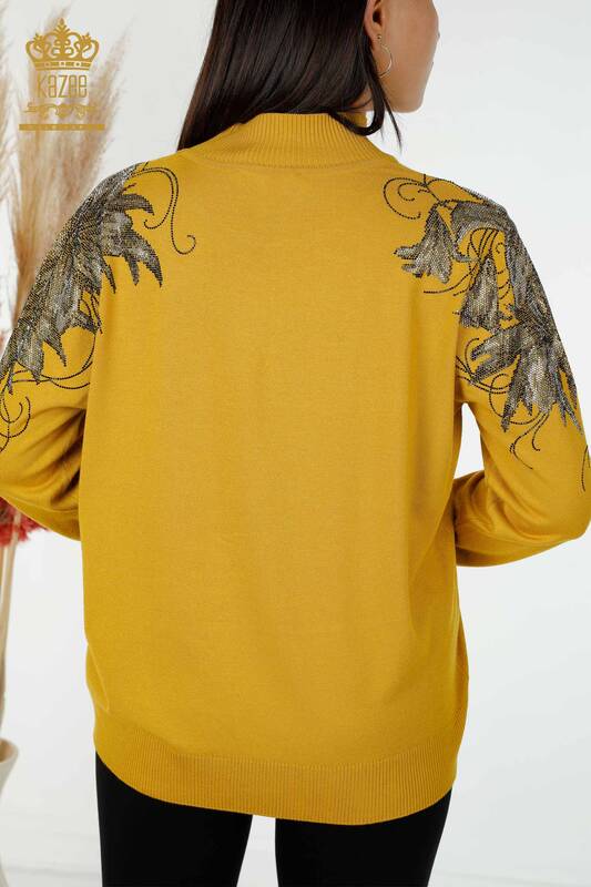 فروش عمده ژاکت بافتنی زنانه ژاکت زعفرانی گلدار - 16597 | KAZEE