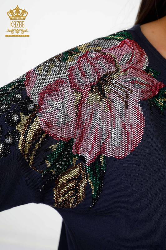 فروش عمده ژاکت بافتنی زنانه - طرح گل سرشانه - سنگ دوزی - 16943 | KAZEE