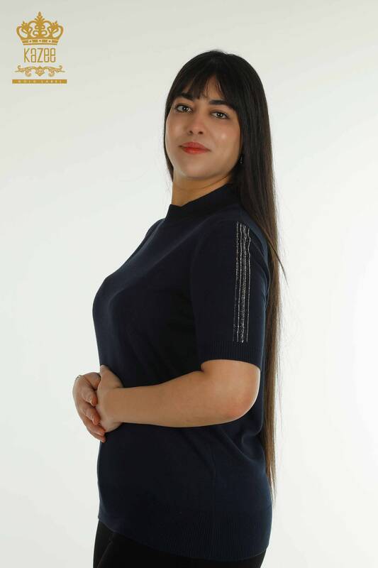 فروش عمده ژاکت بافتنی زنانه آستین سنگ دوزی سرمه ای - 30552 | KAZEE