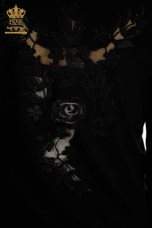 فروش عمده ژاکت بافتنی زنانه - آستین - با جزئیات رز - مشکی - 15374 | KAZEE