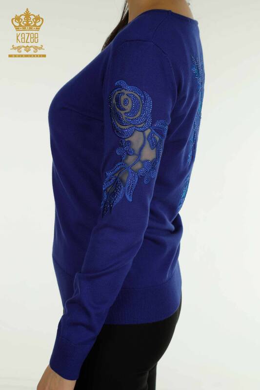 فروش عمده ژاکت بافتنی زنانه - آستین - با جزئیات رز - ساکس - 15374 | KAZEE