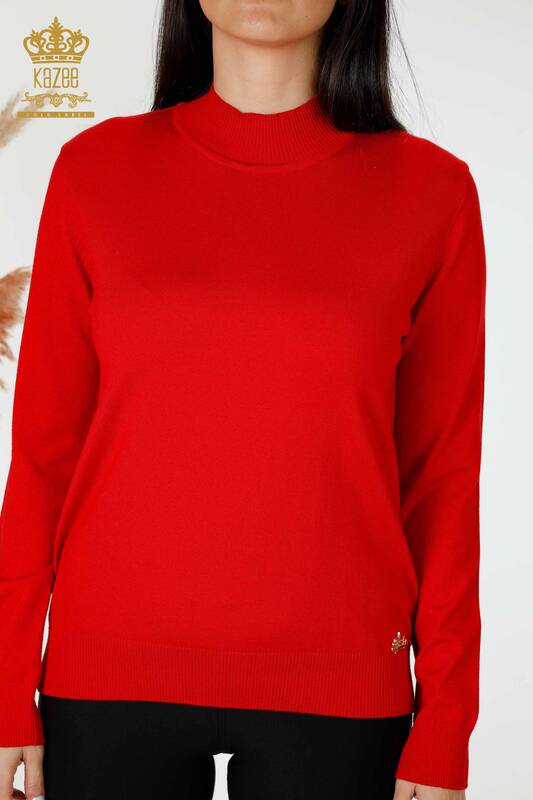 فروش عمده ژاکت بافتنی زنانه - یقه پایه - پایه - قرمز با لوگو - 16663 | KAZEE