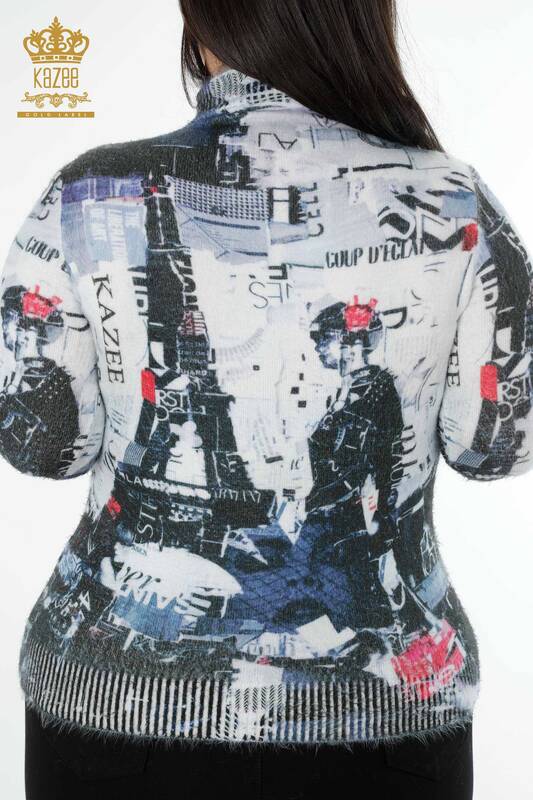 فروش عمده ژاکت بافتنی زنانه - یقه بلند - طرح دار - چاپ دیجیتال - Angora - 18935 | KAZEE