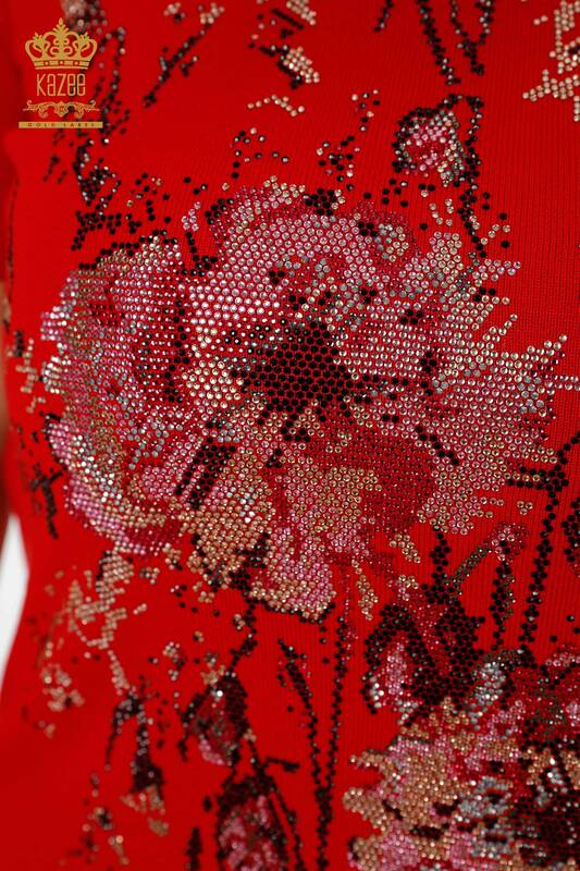 فروش عمده ژاکت بافتنی زنانه سنگ دوزی قرمز - 16476 | KAZEE
