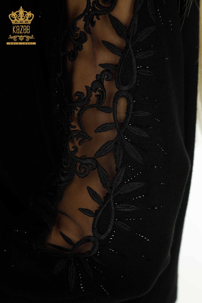 فروش عمده ژاکت بافتنی زنانه - با جزئیات توری - مشکی - 15699 | KAZEE - 6