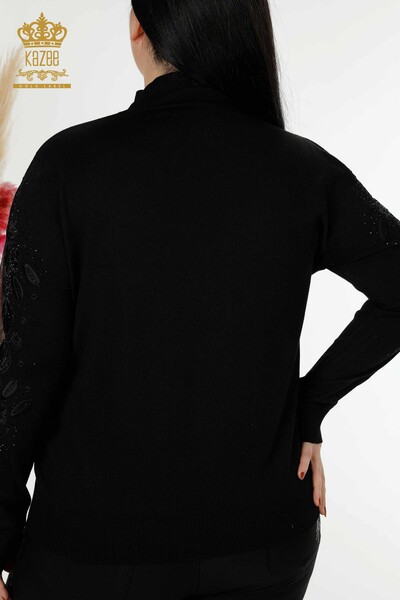 فروش عمده ژاکت بافتنی زنانه - با جزئیات توری - مشکی - 30123 | KAZEE - Thumbnail