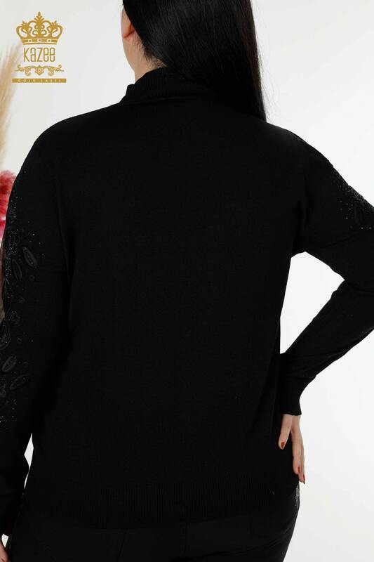 فروش عمده ژاکت بافتنی زنانه - با جزئیات توری - مشکی - 30123 | KAZEE