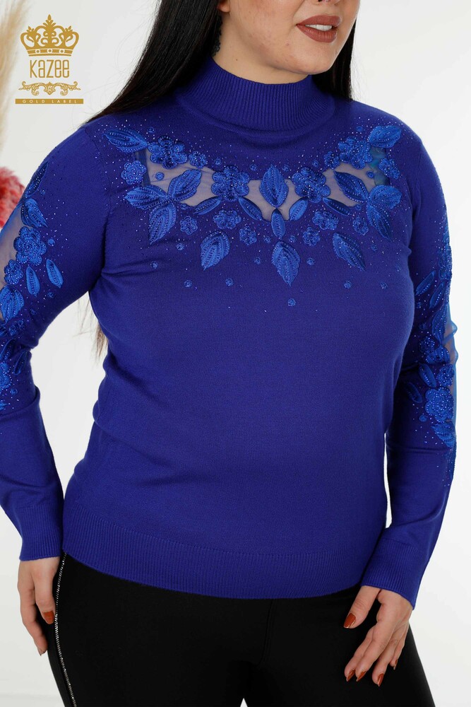 فروش عمده ژاکت بافتنی زنانه - با جزئیات توری - آبی تیره - 30123 | KAZEE - 2