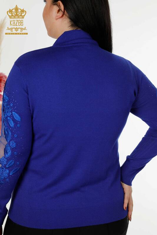فروش عمده ژاکت بافتنی زنانه - با جزئیات توری - آبی تیره - 30123 | KAZEE