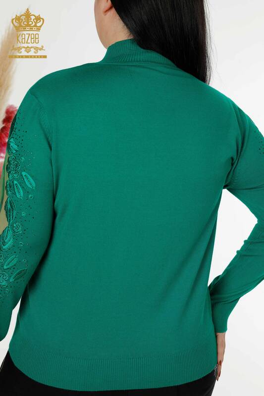 فروش عمده ژاکت بافتنی زنانه - با جزئیات توری - سبز - 30123 | KAZEE