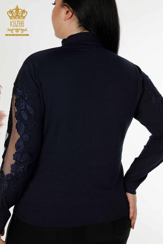 فروش عمده ژاکت بافتنی زنانه - با جزئیات توری - آبی سرمه ای - 30123 | KAZEE