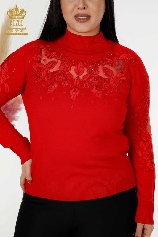 فروش عمده ژاکت بافتنی زنانه - با جزئیات توری - قرمز - 30123 | KAZEE