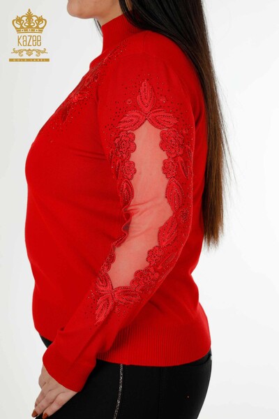 فروش عمده ژاکت بافتنی زنانه - با جزئیات توری - قرمز - 30123 | KAZEE - Thumbnail