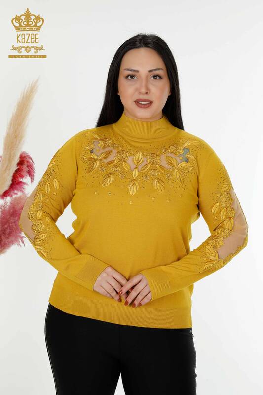فروش عمده ژاکت بافتنی زنانه زعفرانی با جزئیات - 30123 | KAZEE