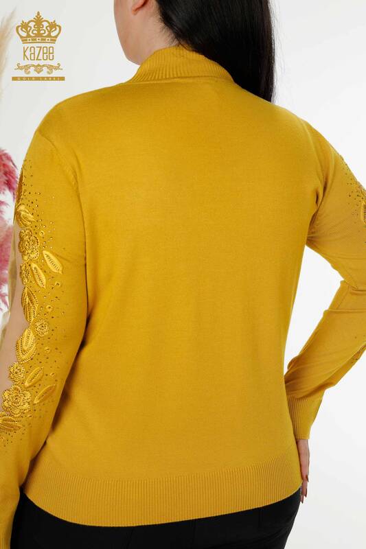 فروش عمده ژاکت بافتنی زنانه زعفرانی با جزئیات - 30123 | KAZEE