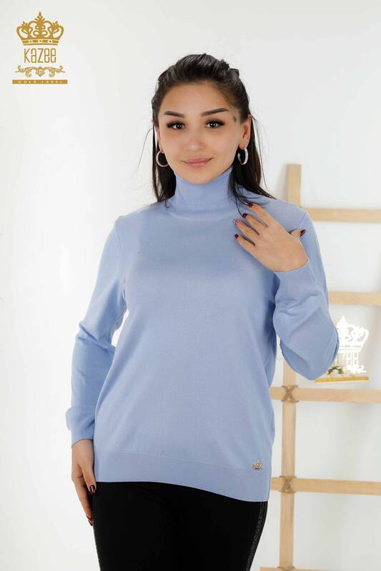فروش عمده ژاکت بافتنی زنانه - یقه یقه اسکی - پایه - آبی روشن - 11122 | KAZEE