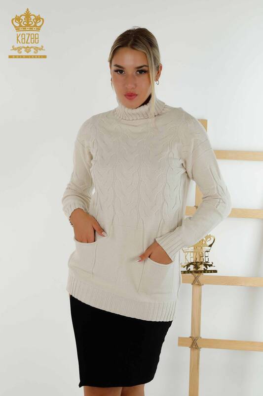 فروش عمده ژاکت بافتنی زنانه - یقه یقه اسکی - بژ - 30231 | KAZEE