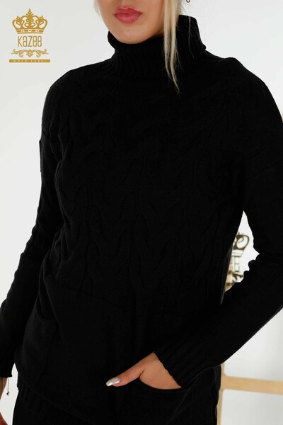 فروش عمده ژاکت بافتنی زنانه - یقه یقه اسکی - مشکی - 30231 | KAZEE - Thumbnail