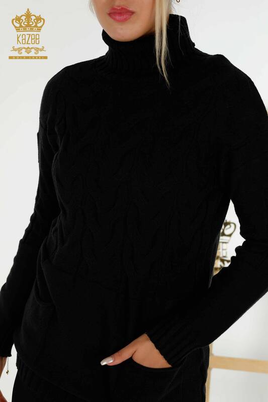 فروش عمده ژاکت بافتنی زنانه - یقه یقه اسکی - مشکی - 30231 | KAZEE