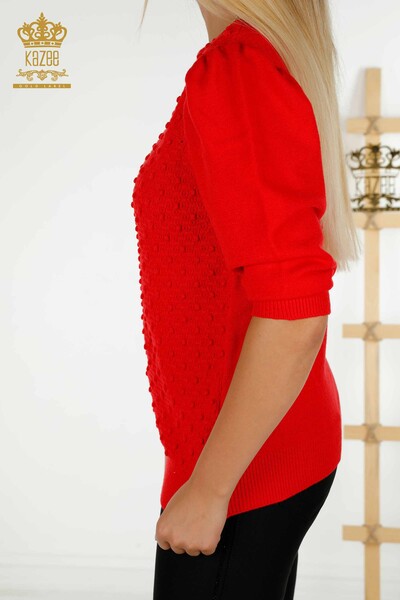 فروش عمده ژاکت بافتنی زنانه - بافت - آستین بادکنکی - قرمز - 30340 | KAZEE - Thumbnail