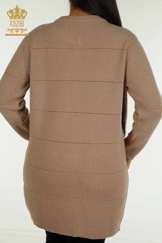 فروش عمده ژاکت کش باف پشمی بلند زنانه - سوراخ دار - راسو - 30643 | KAZEE
