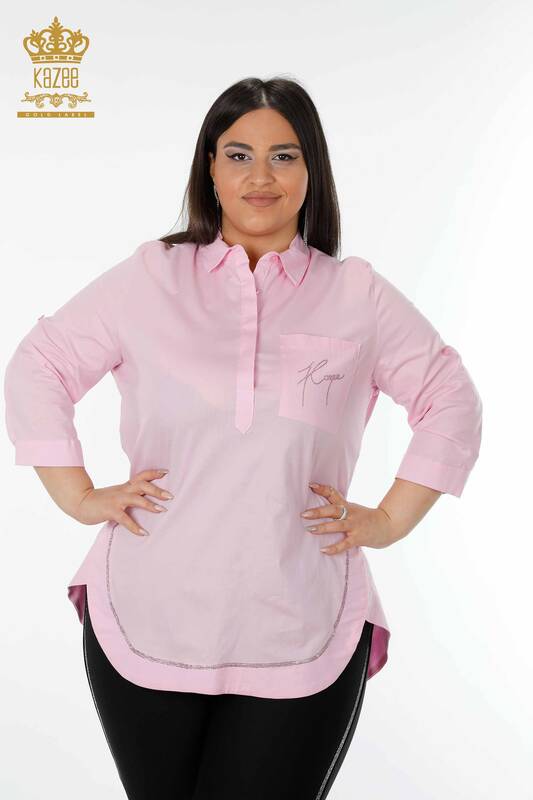 فروش عمده پیراهن زنانه - نیم دکمه - صورتی - 20130 | KAZEE