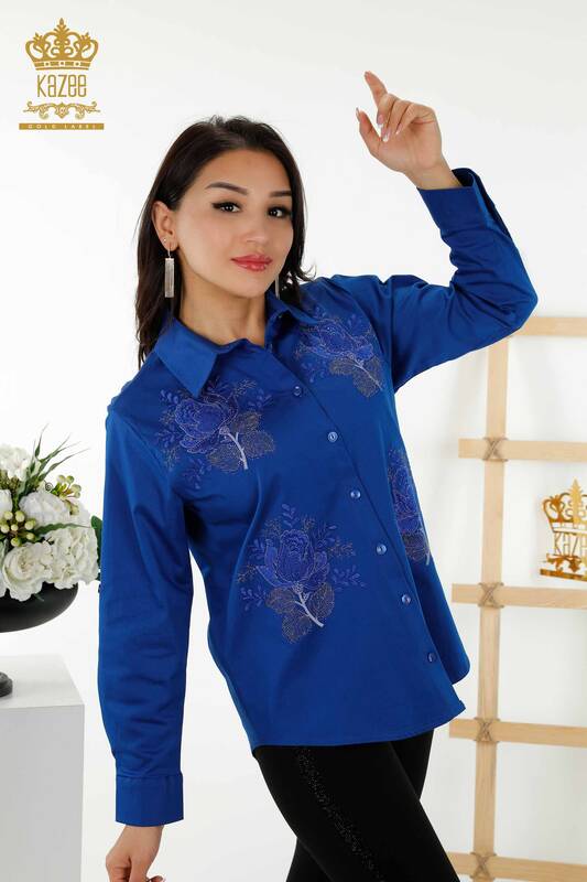 فروش عمده پیراهن زنانه - طرح رز - آبی تیره - 20243 | KAZEE