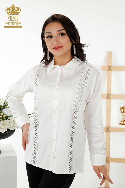 فروش عمده پیراهن زنانه - جزییات آستین - اکرو - 20247 | KAZEE