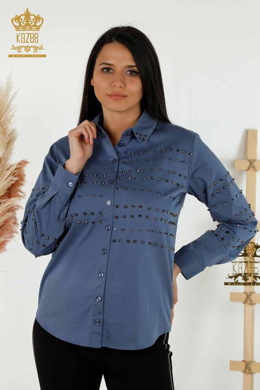 فروش عمده پیراهن زنانه - منگنه - جزئیات سنگی - نیلی - 20230 | KAZEE