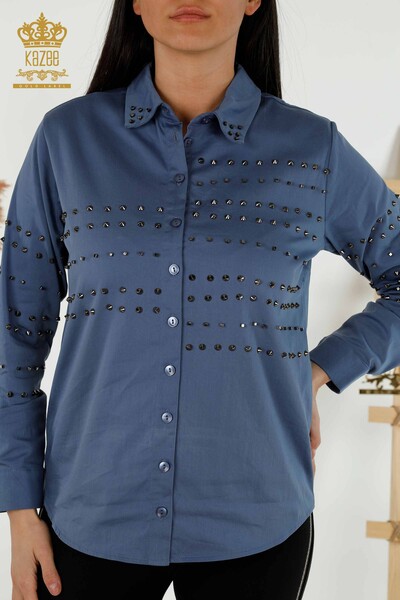 فروش عمده پیراهن زنانه - منگنه - جزئیات سنگی - نیلی - 20230 | KAZEE - Thumbnail