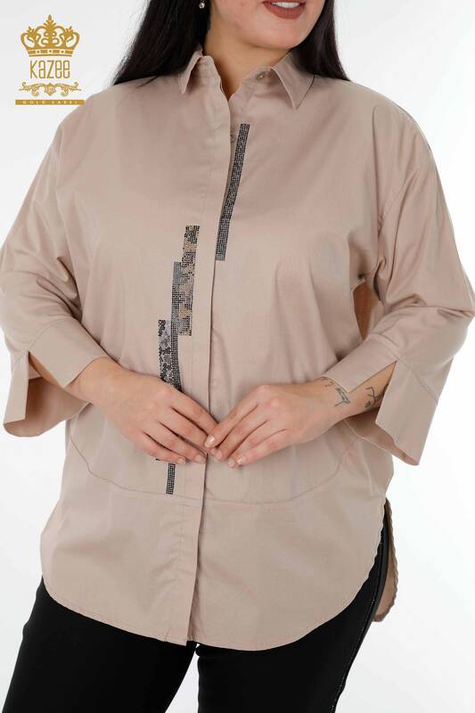فروش عمده پیراهن زنانه - راه راه - سنگ دوزی - بژ - 20060 | KAZEE