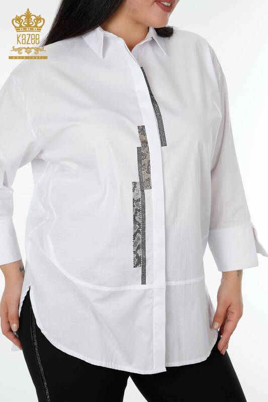 فروش عمده پیراهن زنانه - راه راه - سنگ دوزی - سفید - 20060 | KAZEE