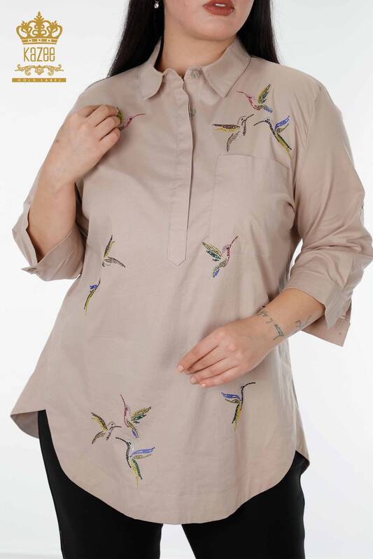 فروش عمده پیراهن زنانه - طرح پرنده - بژ - 20129 | KAZEE
