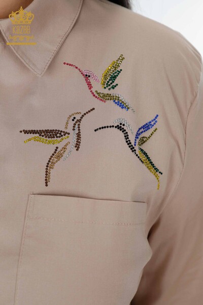 فروش عمده پیراهن زنانه - طرح پرنده - بژ - 20129 | KAZEE - Thumbnail