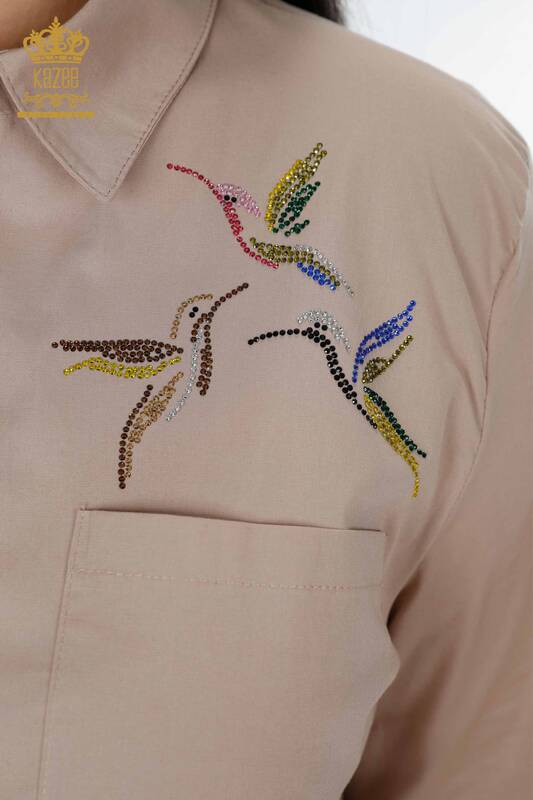فروش عمده پیراهن زنانه - طرح پرنده - بژ - 20129 | KAZEE