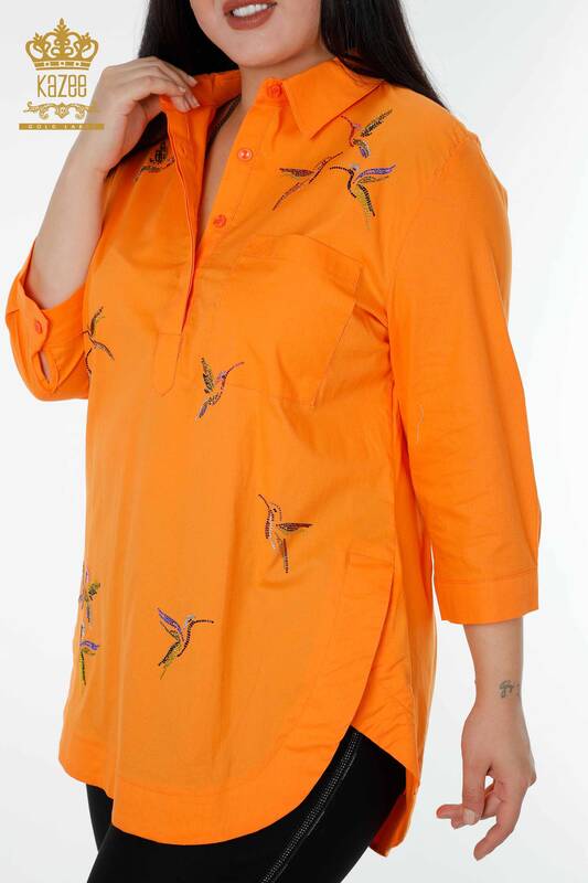 فروش عمده پیراهن زنانه - طرح پرنده - نارنجی - 20129 | KAZEE