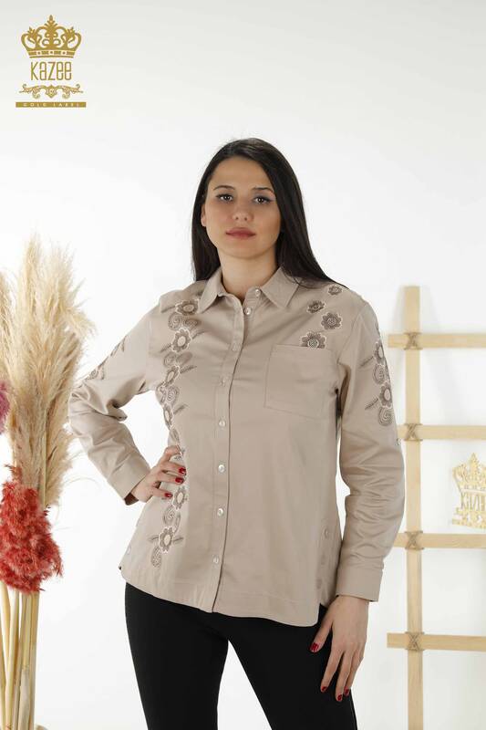 فروش عمده پیراهن زنانه طرح گل بژ - 20246 | KAZEE